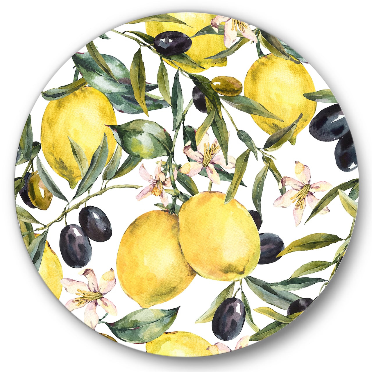 Designart - Lemon and Olive Branches I - Tropical Metal Circle Wall Art